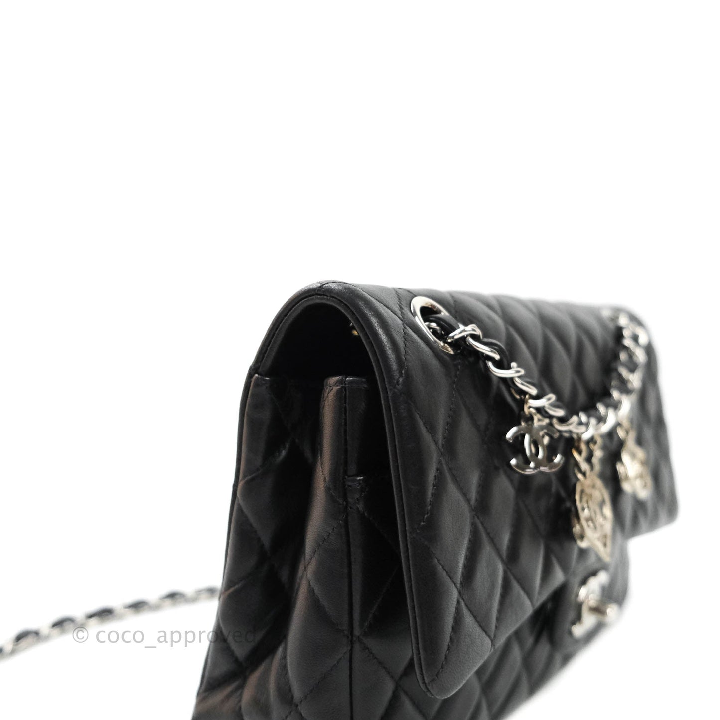 Chanel Classic M/L Medium Flap Bag Valentine Limited Edition Black Lambskin Silver Hardware