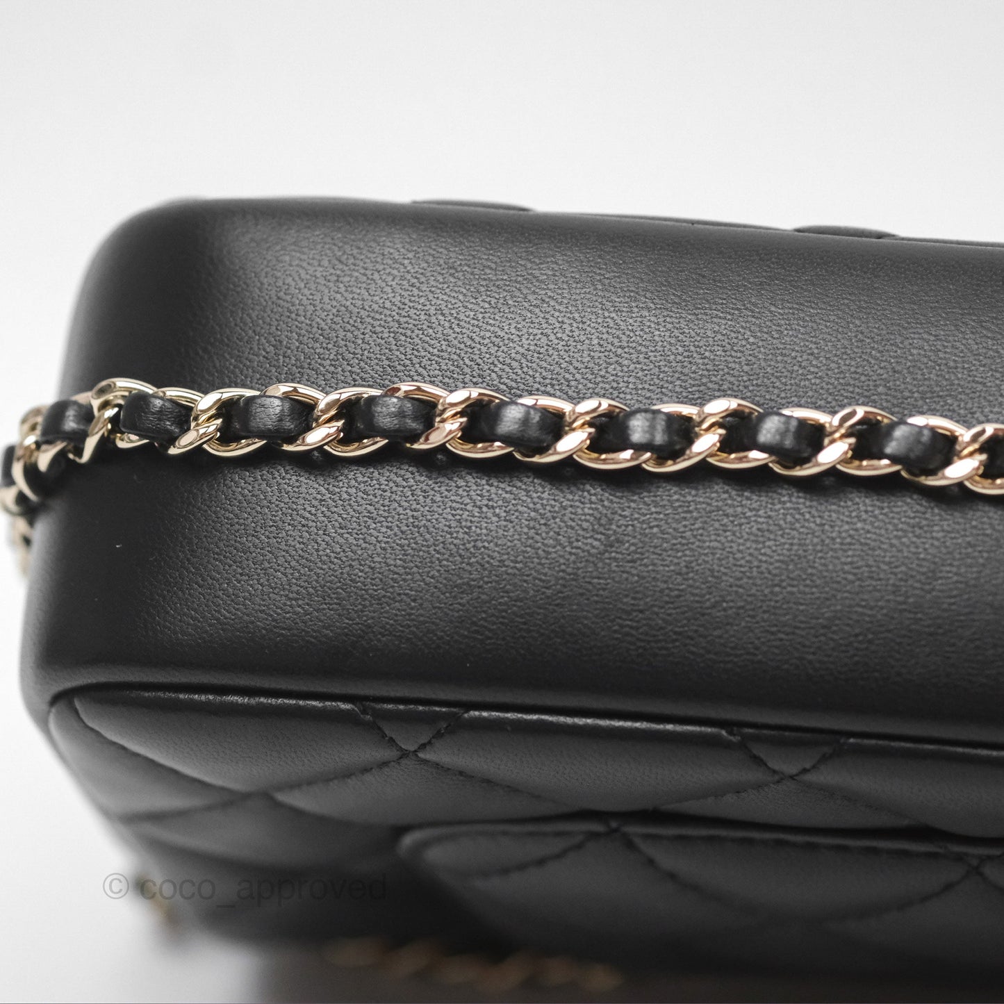 Chanel Logo Pearl Chain Flap Bag Black Lambskin Gold Hardware