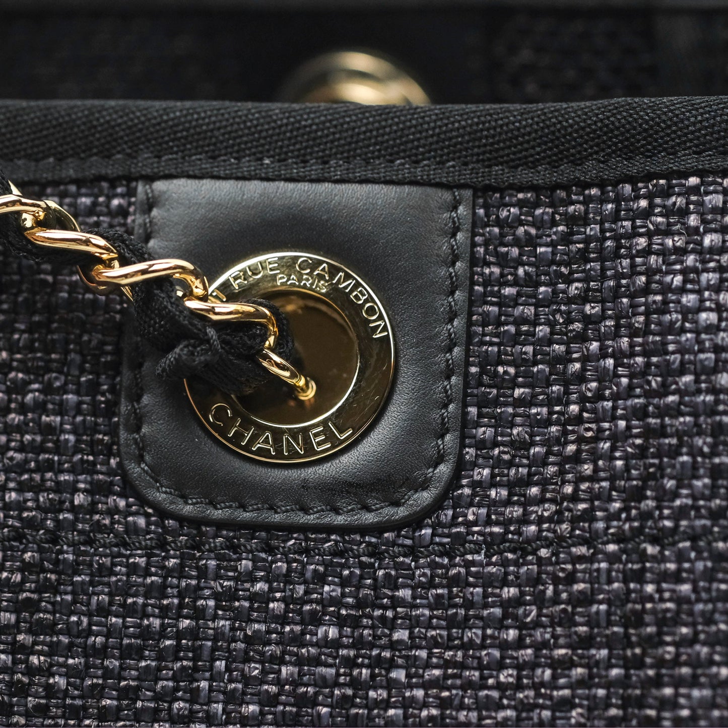 Chanel Medium Deauville Tote Black Dark Grey Raffia Woven Gold Hardware
