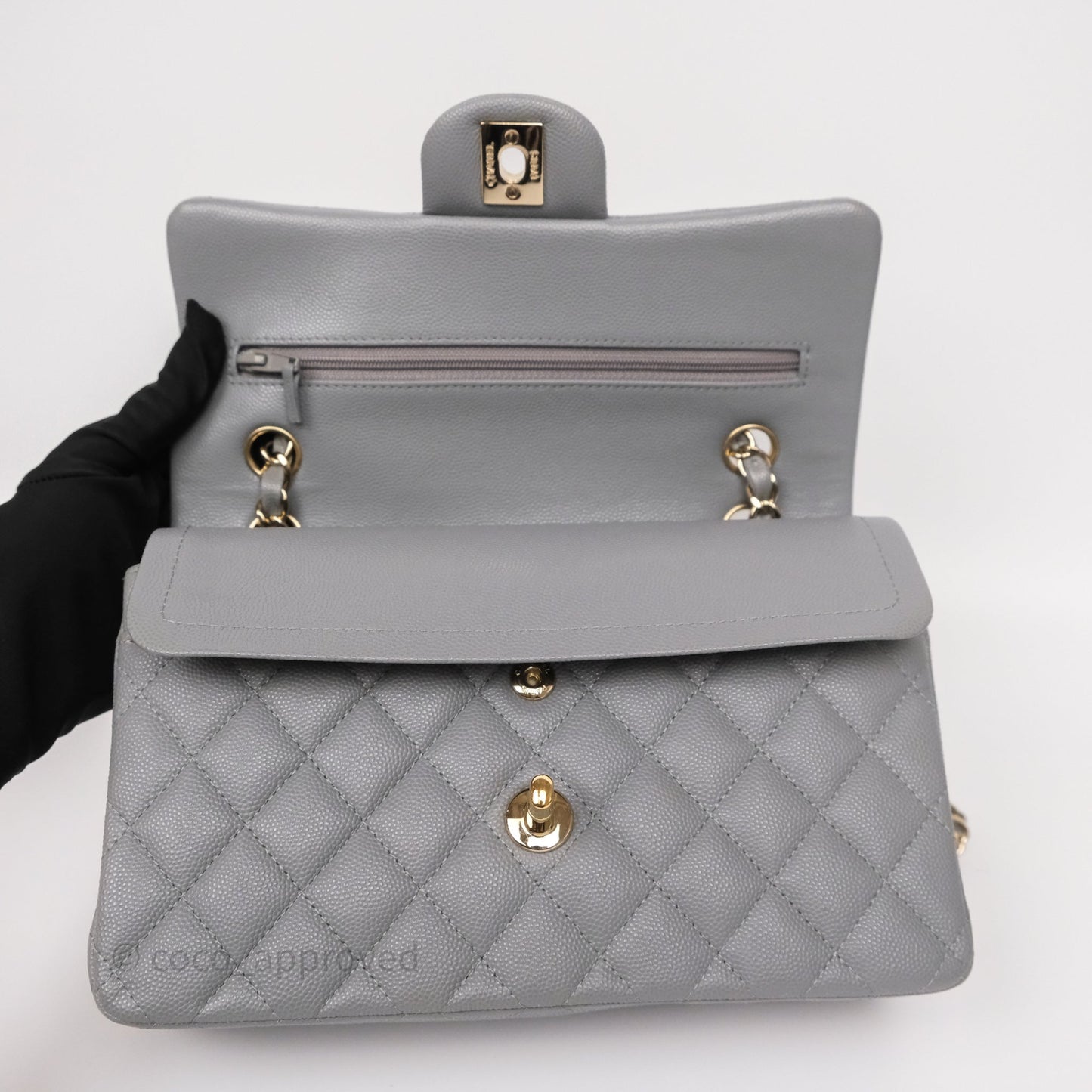 Chanel Small Classic Flap Quilted Grey Caviar Gold Hardware
