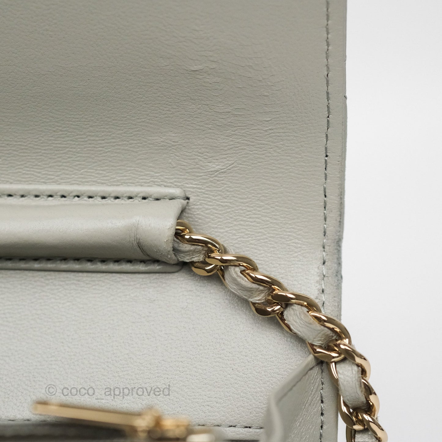Chanel Classic Quilted Wallet on Chain WOC Light Grey Lambskin Gold Hardware