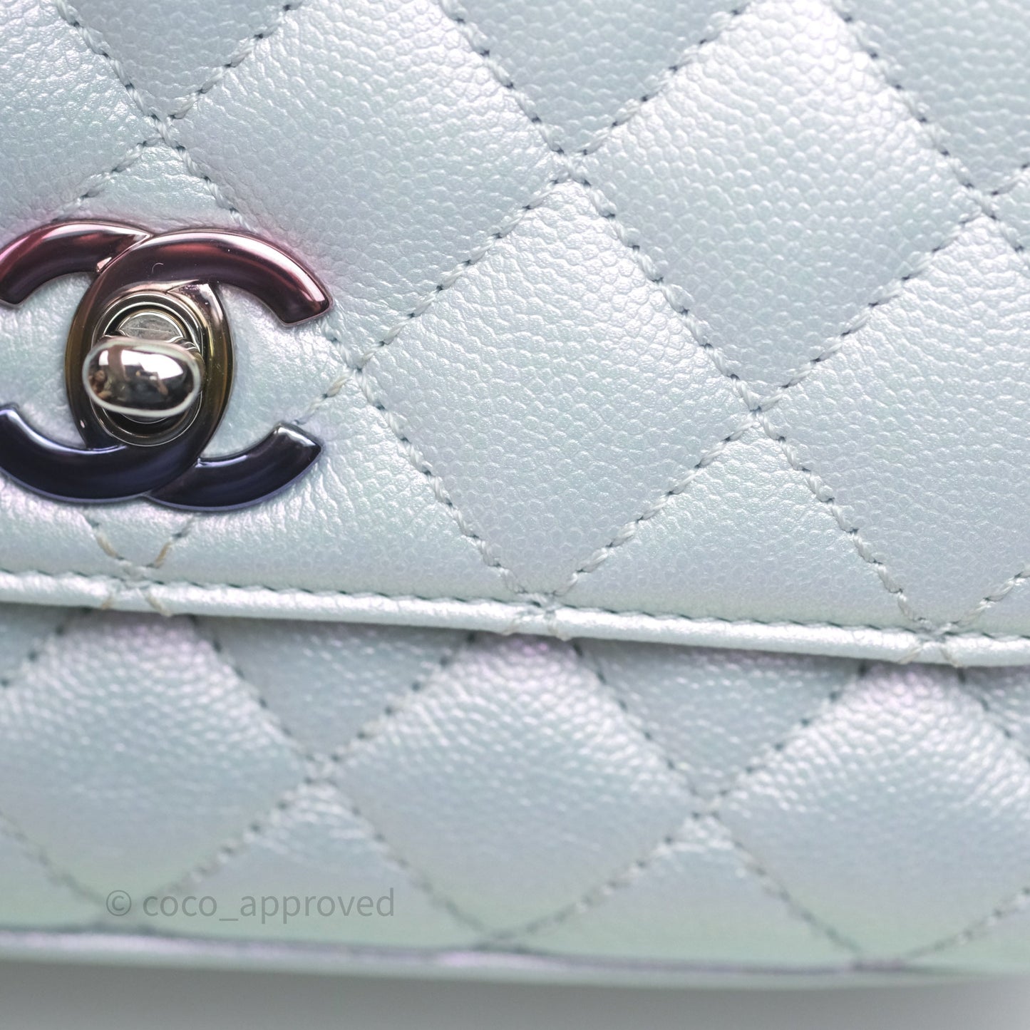 Chanel Mini Coco Handle Quilted Iridescent Light Blue Caviar Rainbow Hardware