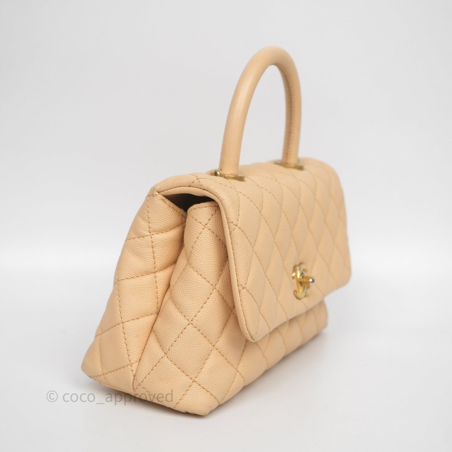 Chanel Small Coco Handle Quilted Beige Caviar Aged Gold Hardware