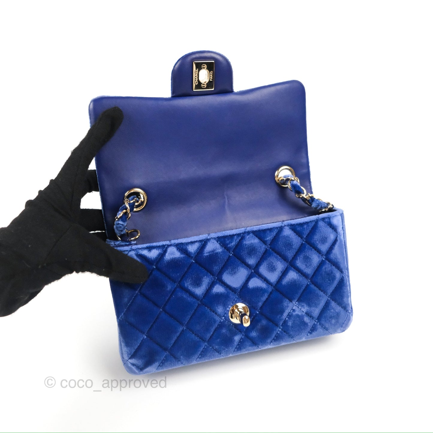 Chanel Quilted Mini Rectangular Flap Blue Velvet Gold Hardware