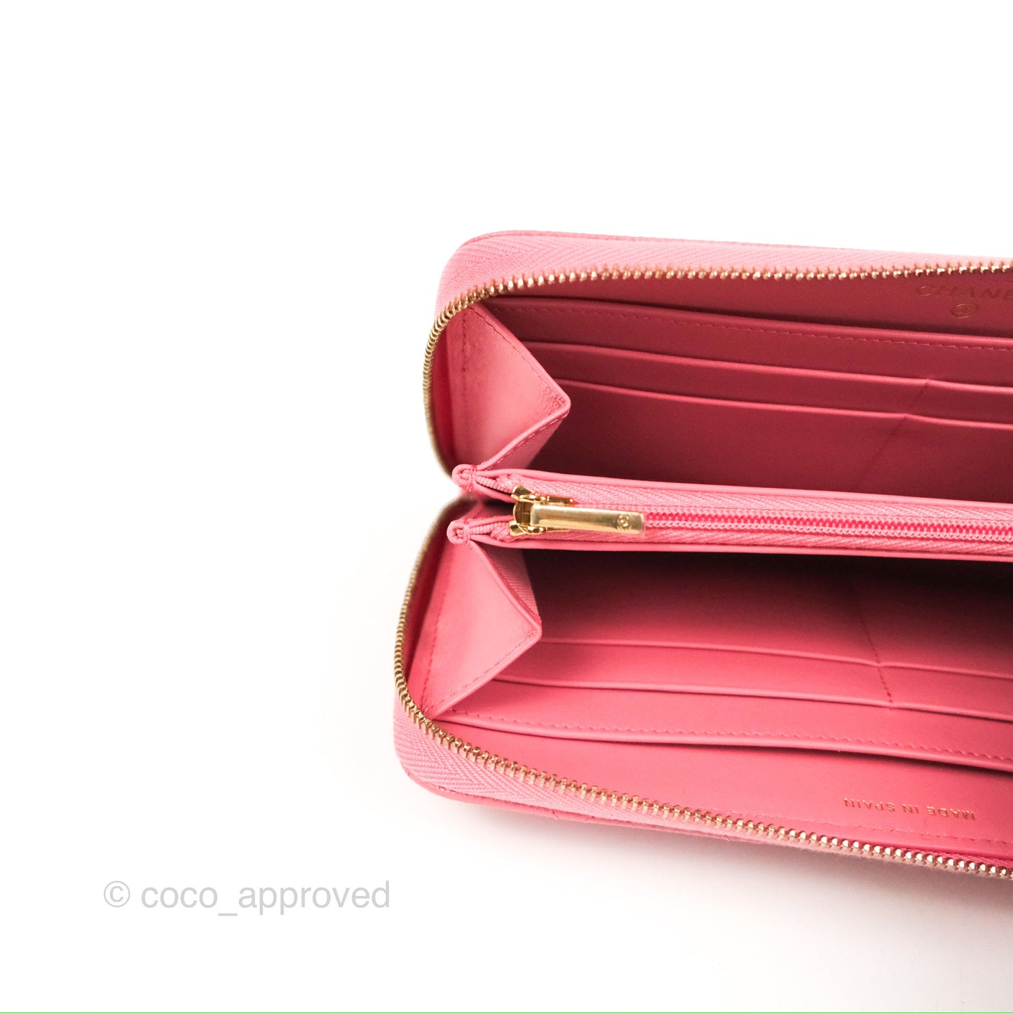 Chanel Classic Zip Long Wallet Quilted Pink Caviar Gold Hardware