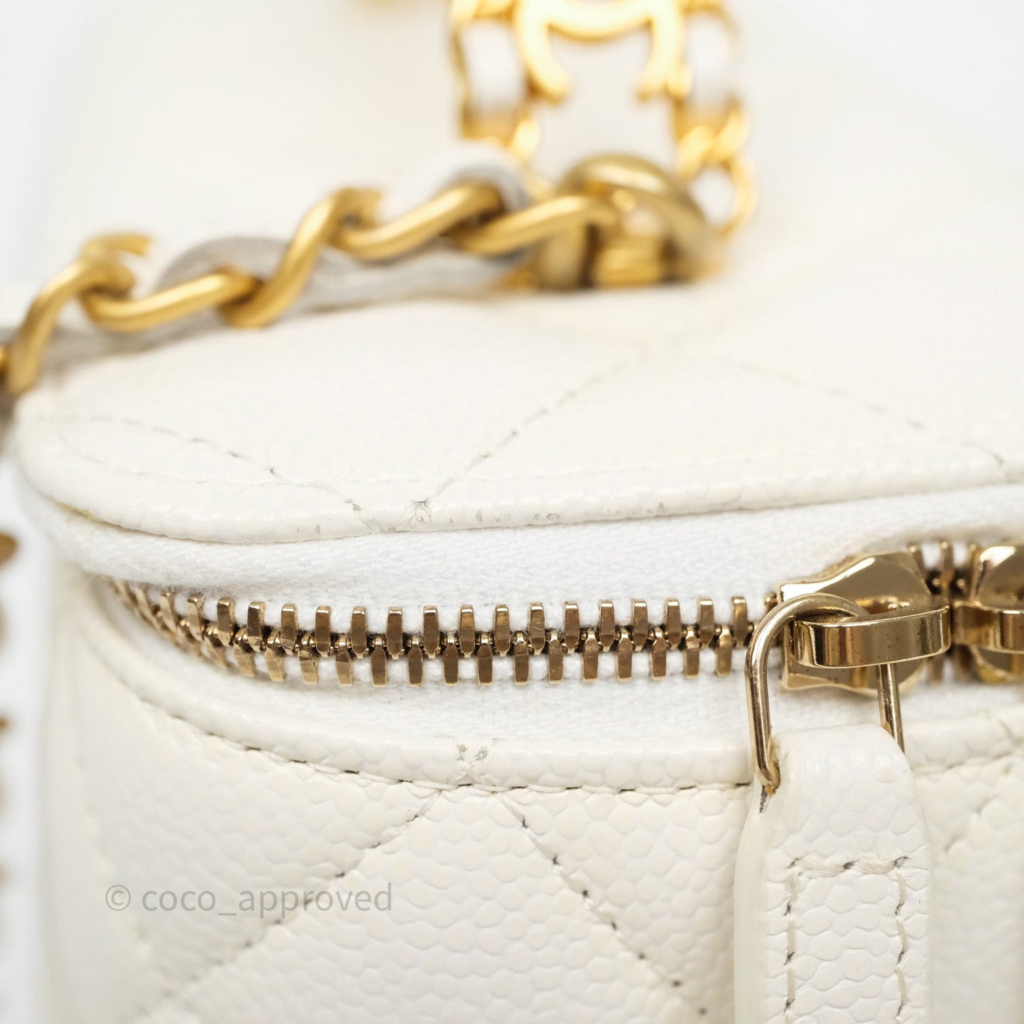 Chanel Logo Top Handle Vanity Rectangular White Caviar Aged Gold Hardware