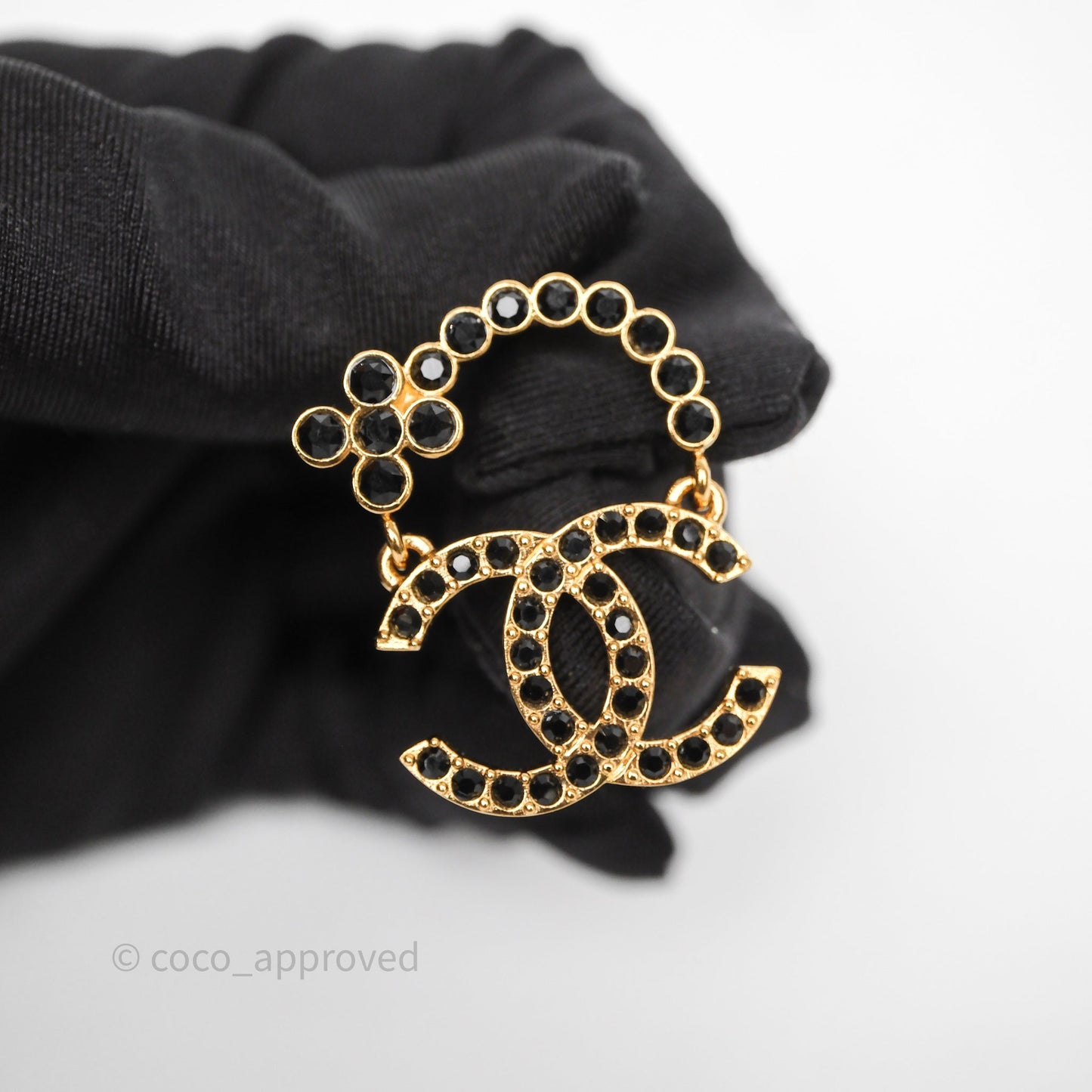 Chanel Black Crystal CC Floral Earrings Gold Tone 23A