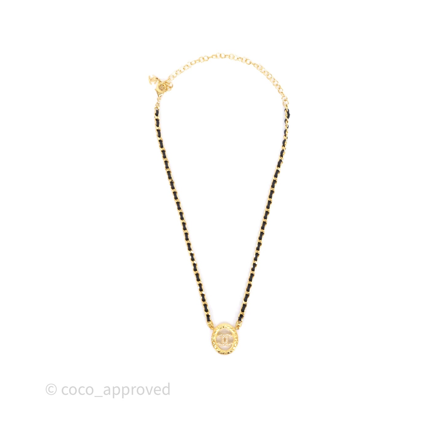 Chanel Oval Crystal CC Leather Chain Necklace Gold Tone 24A