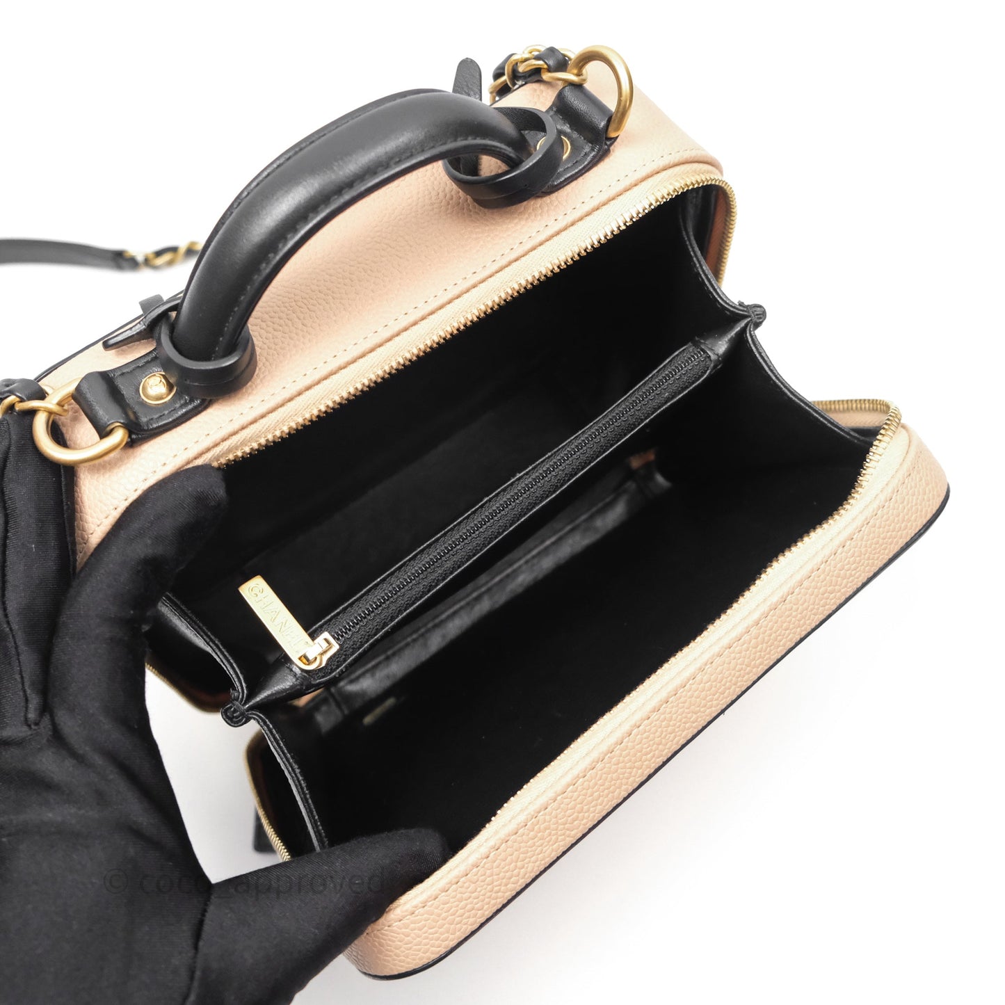 Chanel Quilted Medium CC Filigree Vanity Case Beige Caviar Gold Hardware