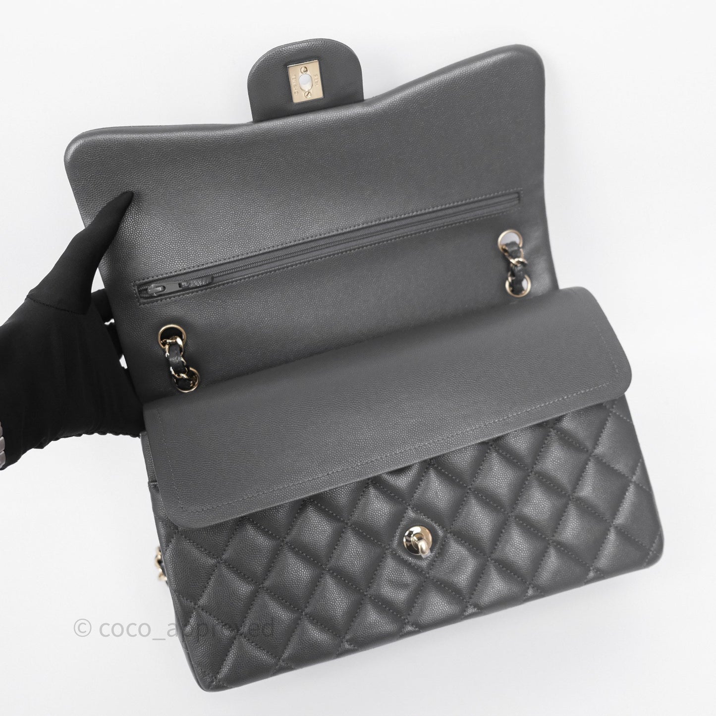 Chanel Jumbo Classic Double Flap Quilted Dark Grey Caviar Gold Hardware⁣⁣