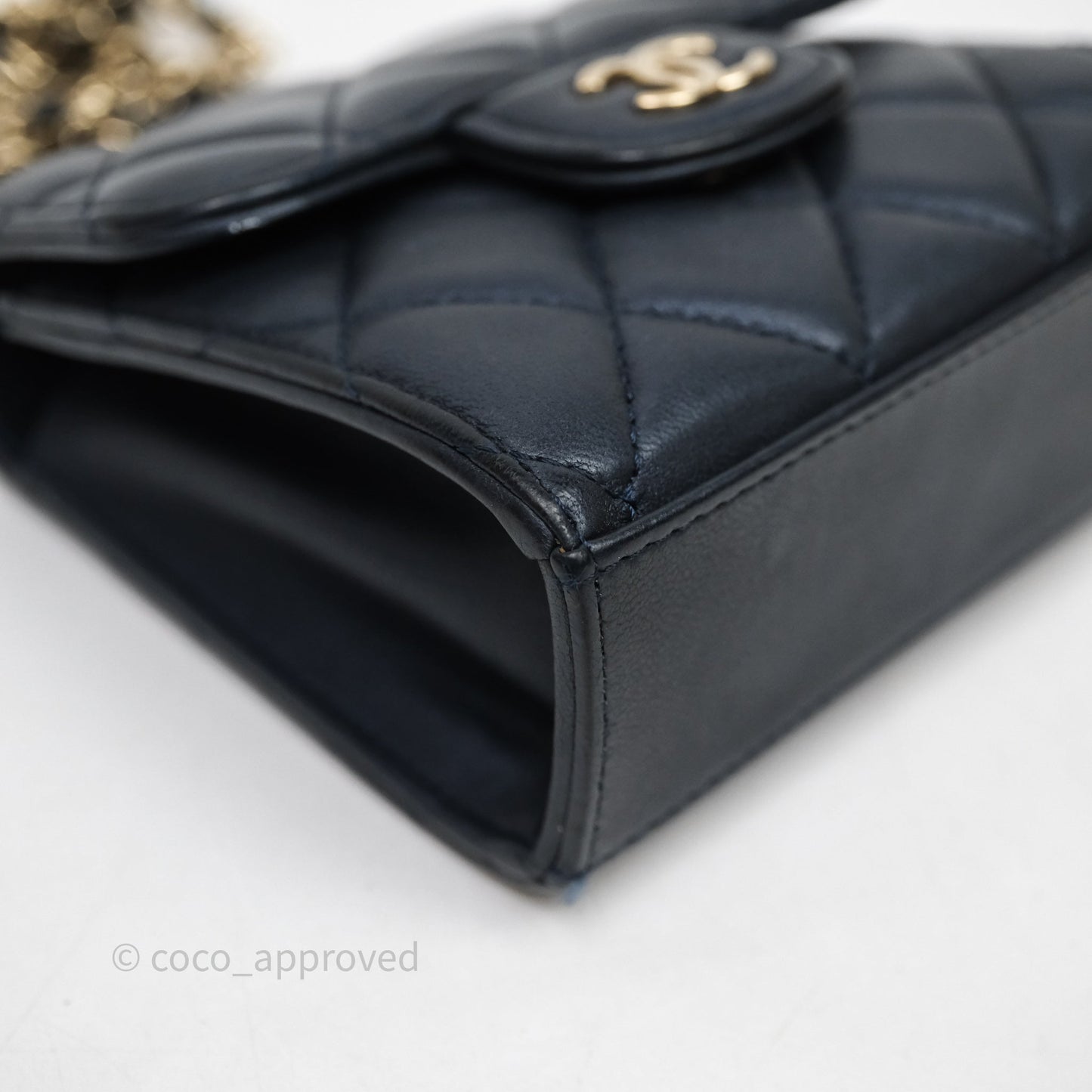 Chanel Mini Handle Clutch With Chain Iridescent Dark Navy Lambskin Gold Hardware