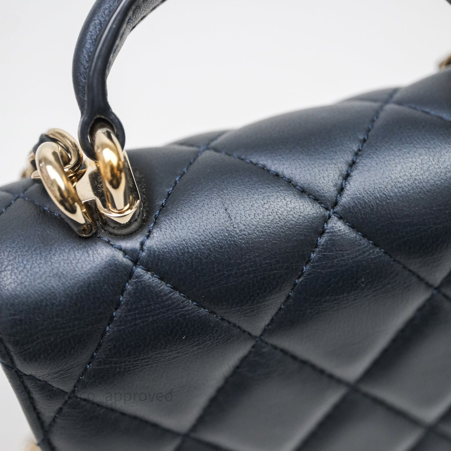 Chanel Mini Handle Clutch With Chain Iridescent Dark Navy Lambskin Gold Hardware