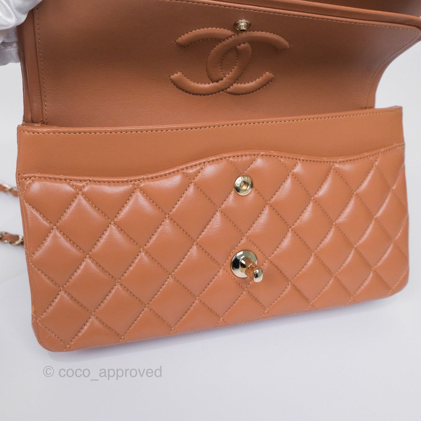 Chanel Medium Classic Quilted Flap Dark Beige Caramel Lambskin Gold Hardware