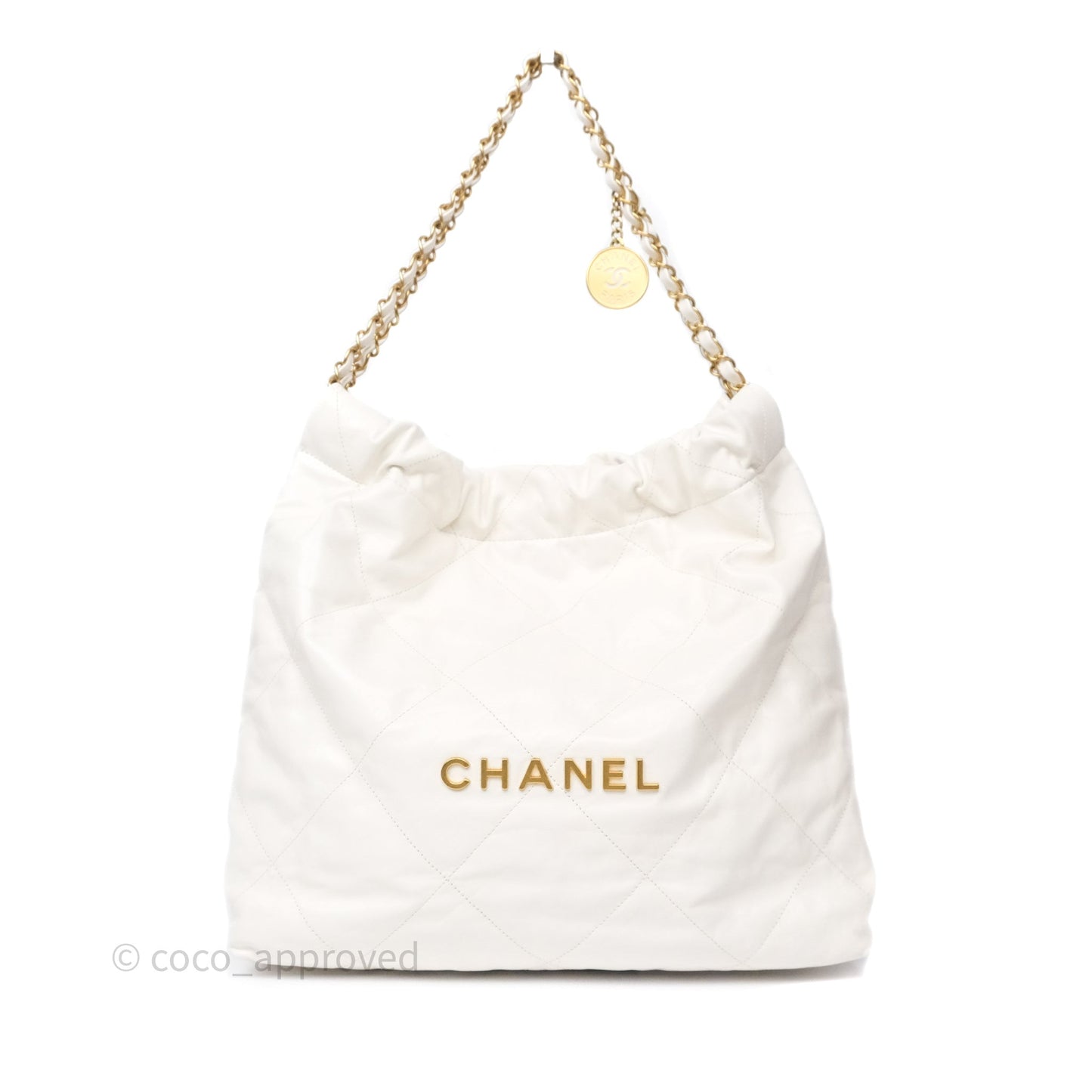 Chanel 22 Medium White Shiny Crumpled Calfskin Aged Gold Hardware