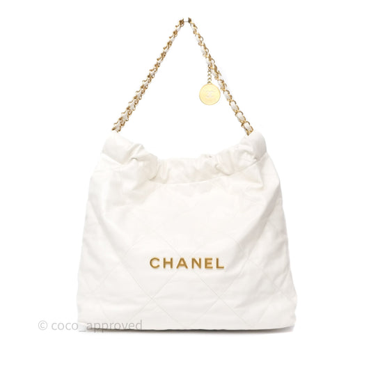 Chanel 22 Medium White Shiny Crumpled Calfskin Aged Gold Hardware