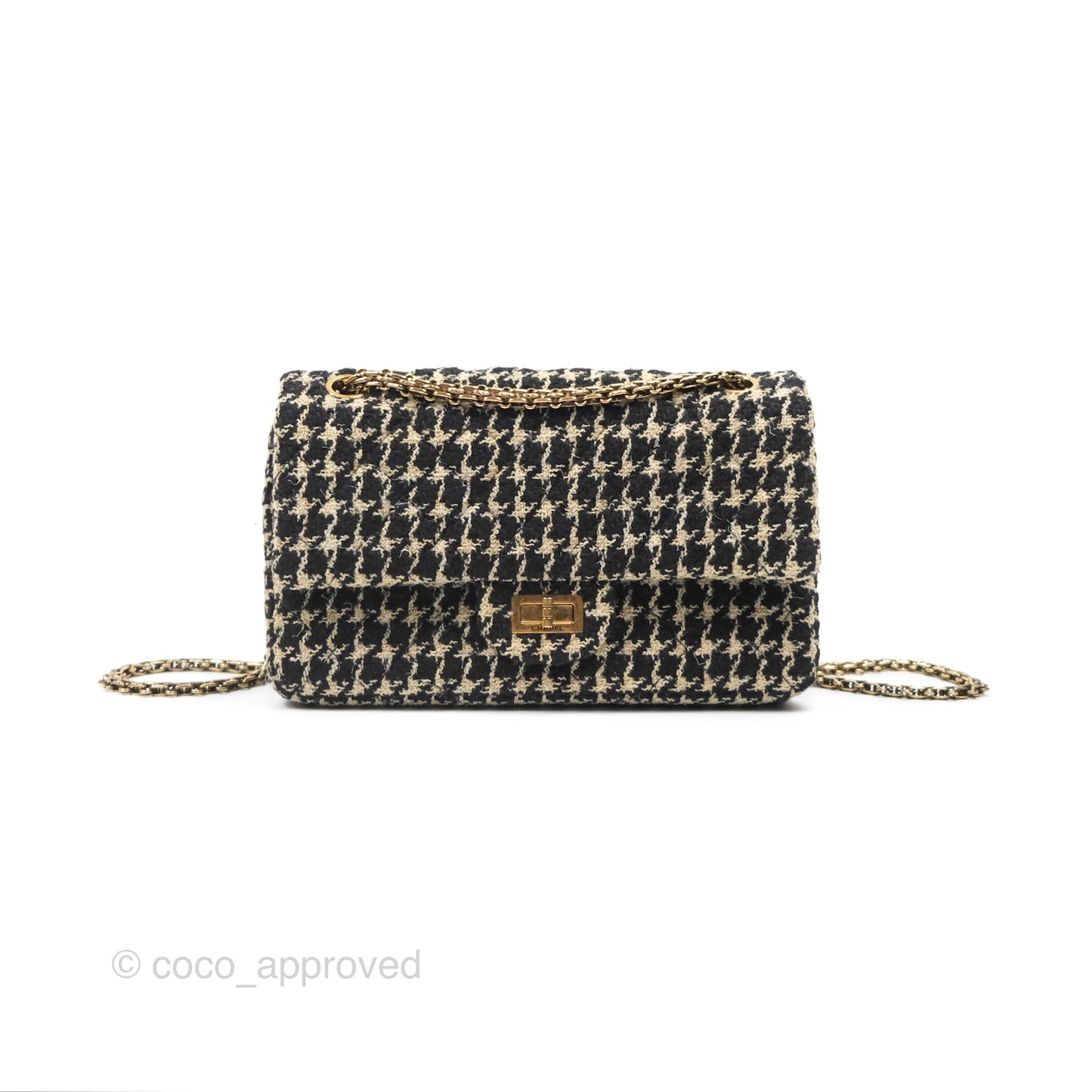 Chanel Reissue 225 Flap Houndstooth Beige Black Fabric Antique Gold Hardware