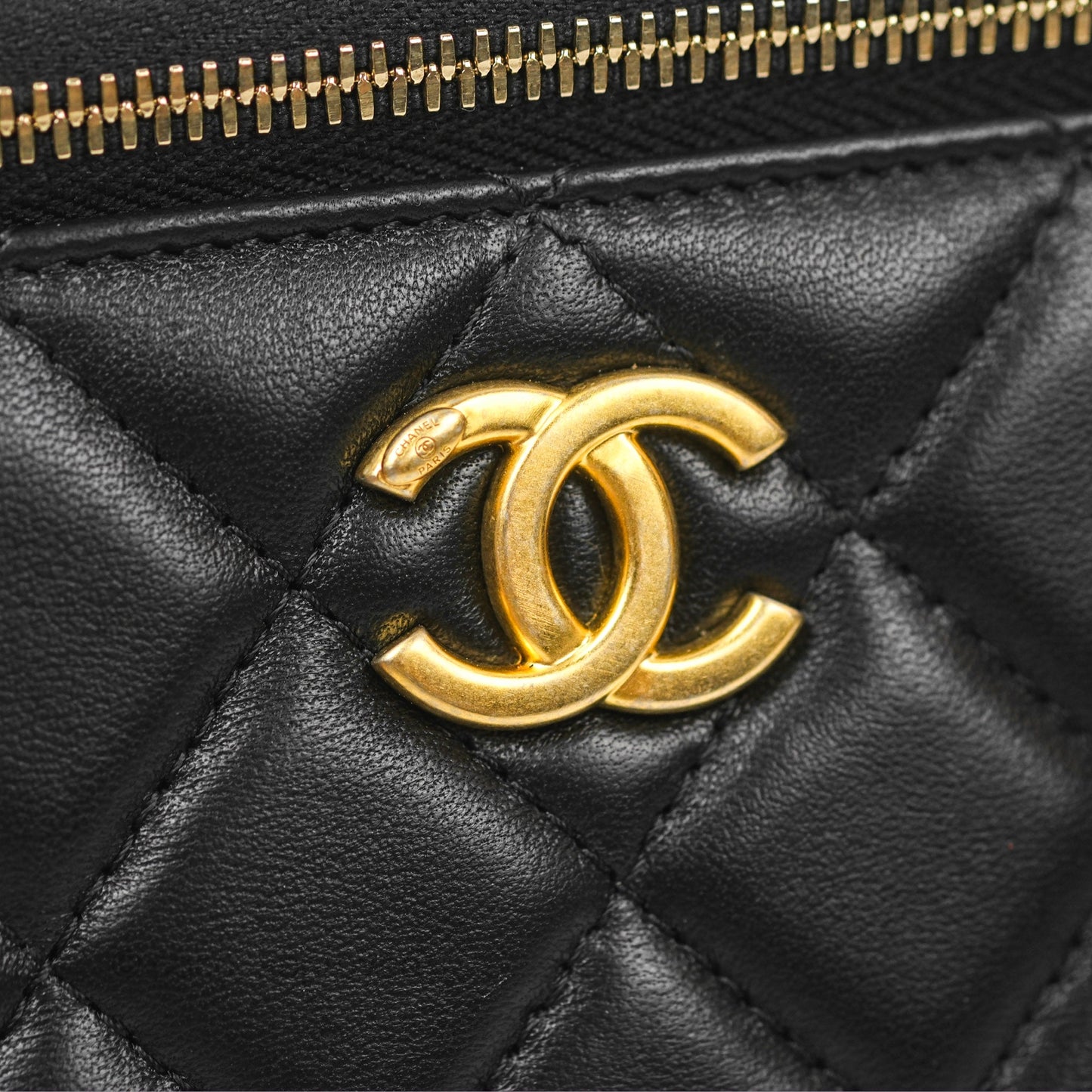 Chanel Vanity Rectangular with Top Handle Black Lambskin Aged Gold Hardware