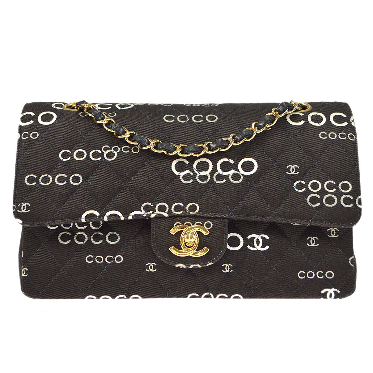 Luxury Chanel 2001-2003 COCO patterned Classic Double Flap Medium Black Canvas