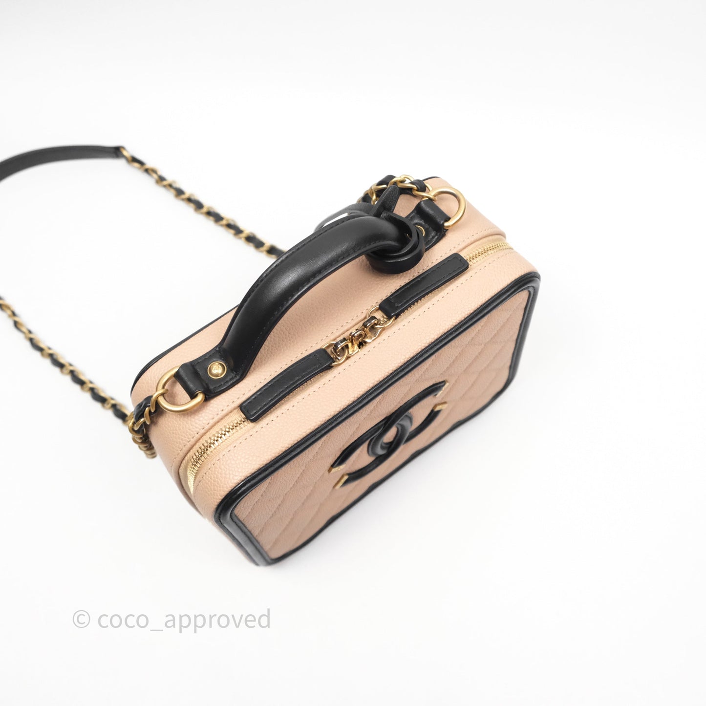 Chanel Quilted Medium CC Filigree Vanity Case Beige Caviar Gold Hardware