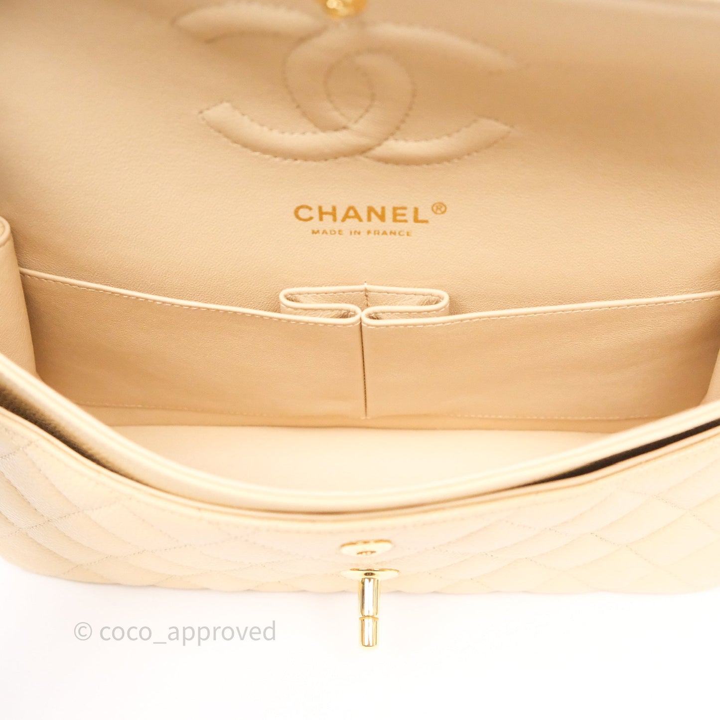 Chanel M/L Medium Classic Flap Quilted Beige Caviar Gold Hardware