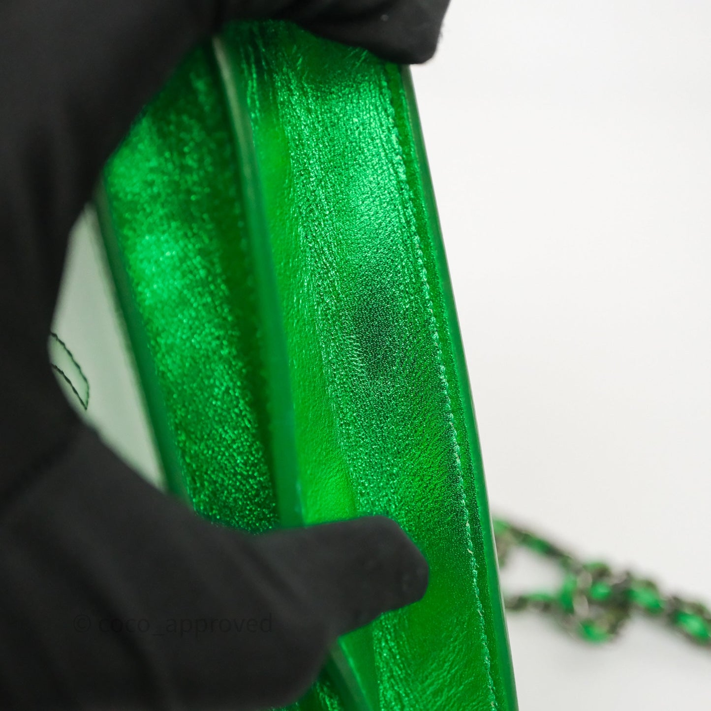 Chanel CC Phone Holder Metallic Green Patent Gun Metal Hardware