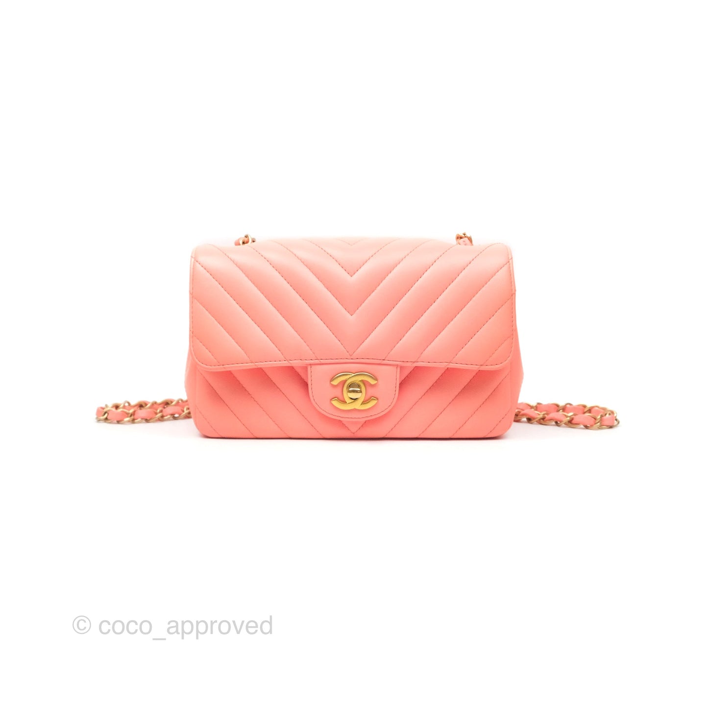Chanel Chevron Mini Rectangular Flap Peach Pink Lambskin Aged Gold Hardware