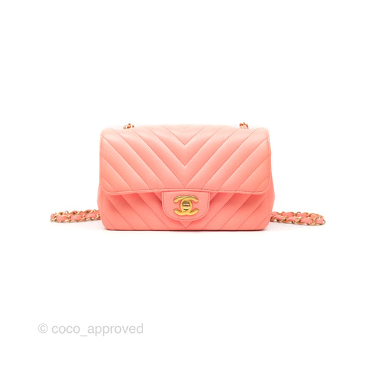 Chanel Chevron Mini Rectangular Flap Peach Pink Lambskin Aged Gold Hardware