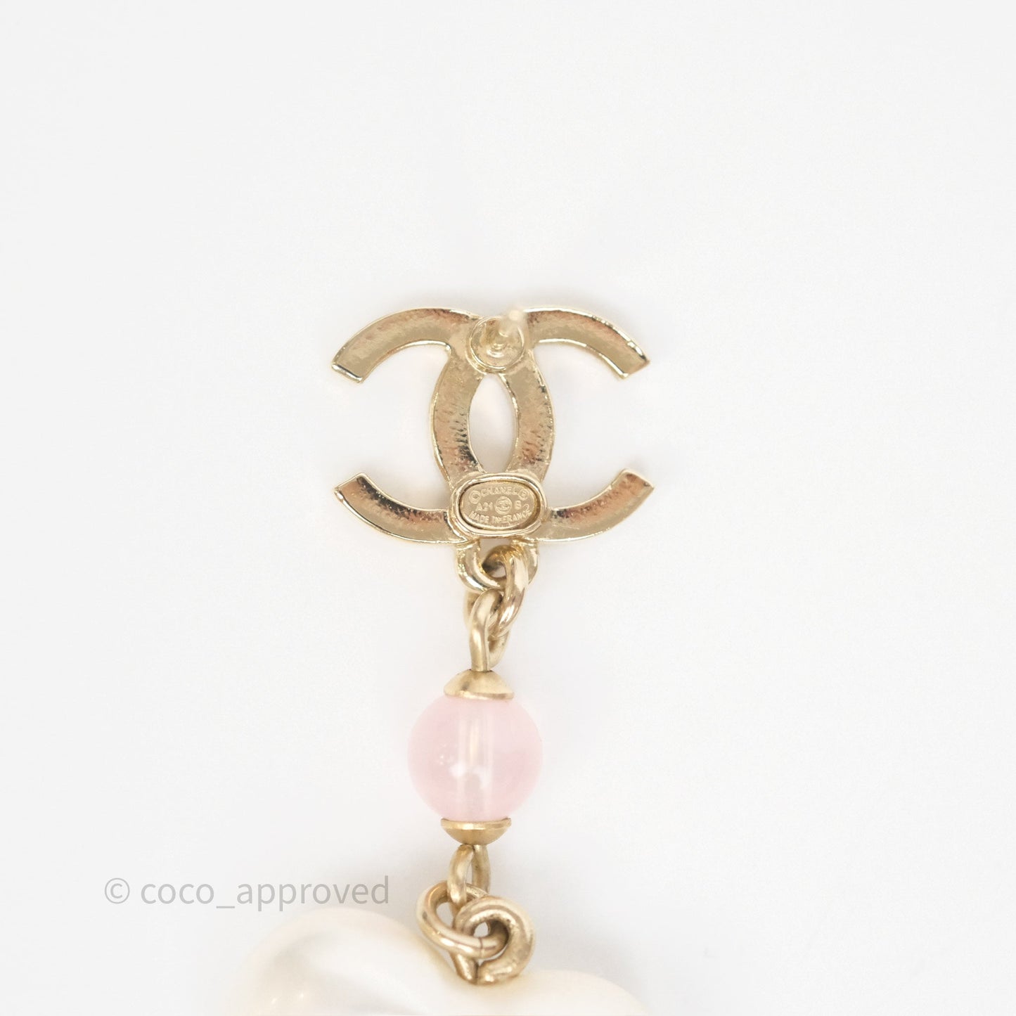Chanel CC Pink Bead Heart Pearl Crystal CC Drop Earrings Gold Tone 21B