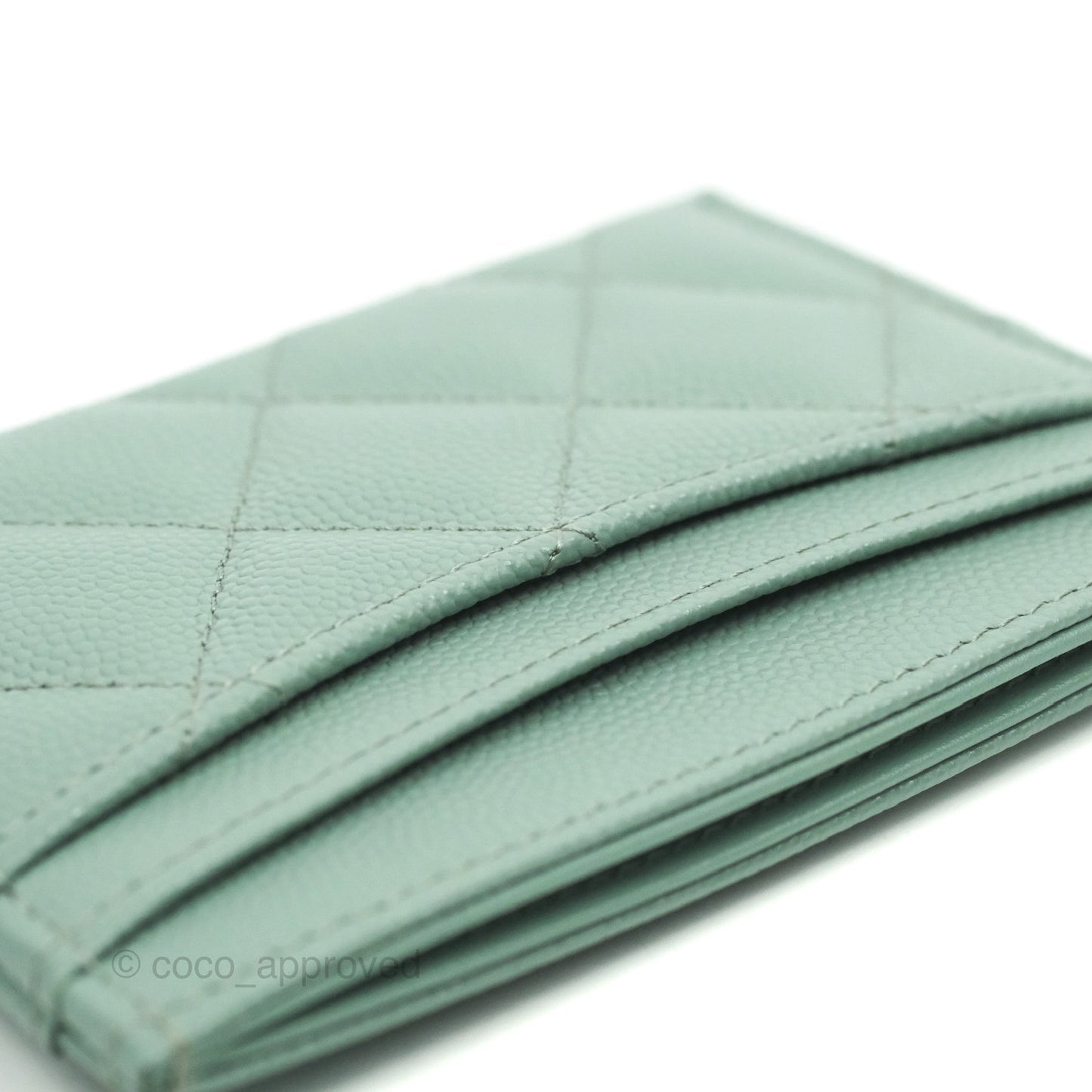 Chanel Classic Flat Card Holder Blue Tiffany Green Caviar Gold Hardware