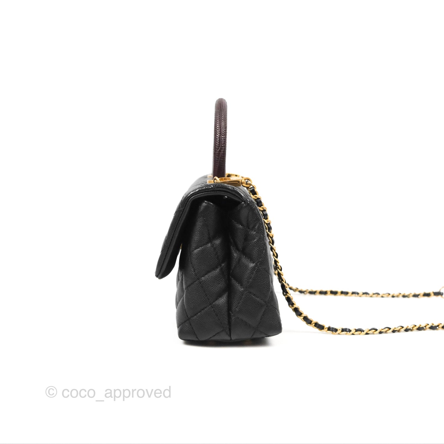 Chanel Small Coco Handle Quilted Black Caviar Aged Gold Hardware Lizard Handle