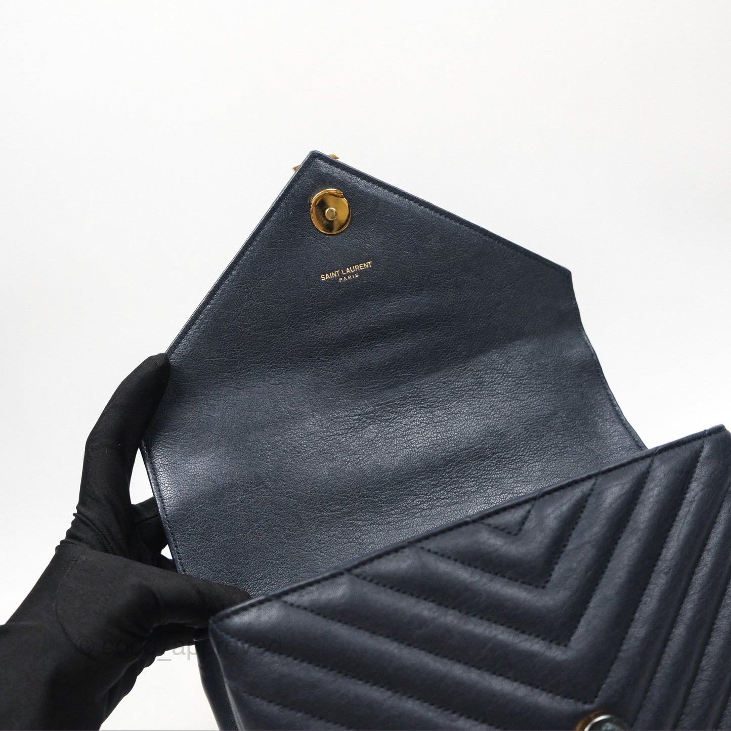 Saint Laurent Chevron Medium College Navy Chain Bag Gold Hardware