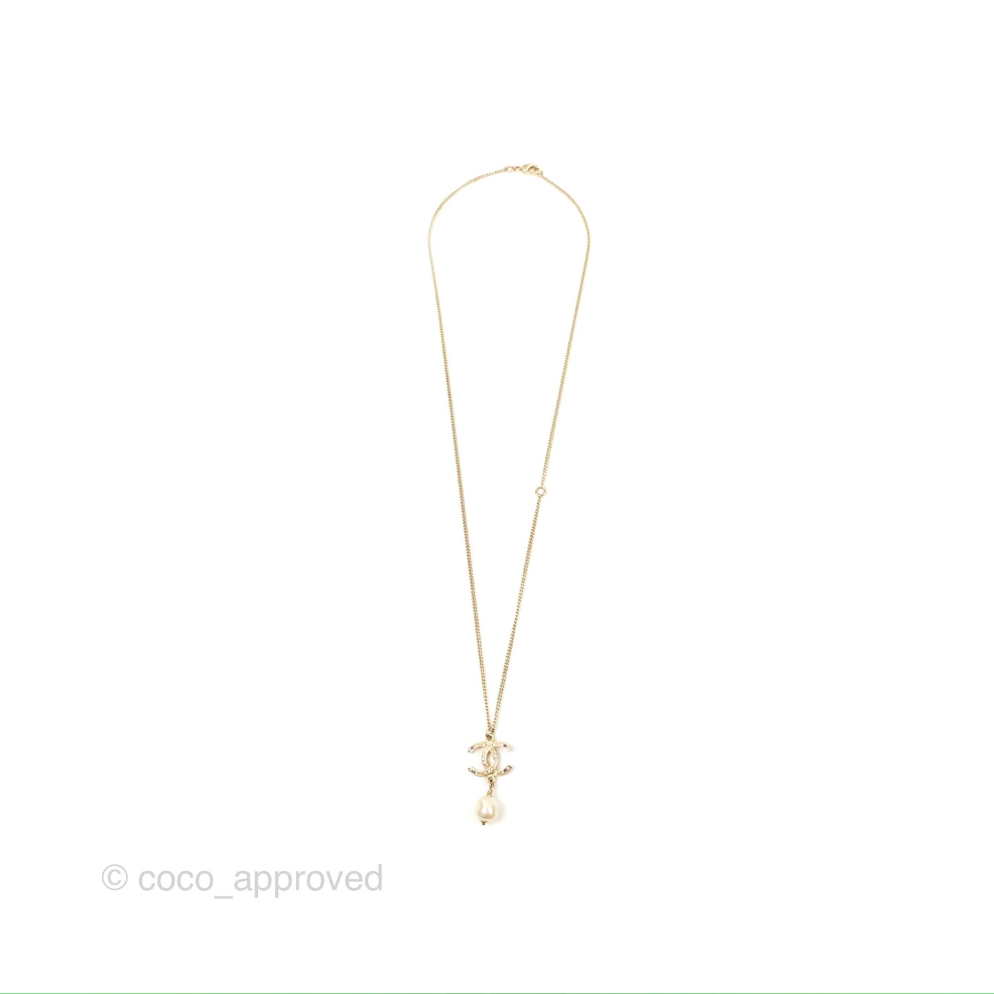 Chanel CC Crystal Pearl Drop Pendant Necklace Gold Tone 12A
