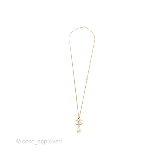 Chanel CC Crystal Pearl Drop Pendant Necklace Gold Tone 12A