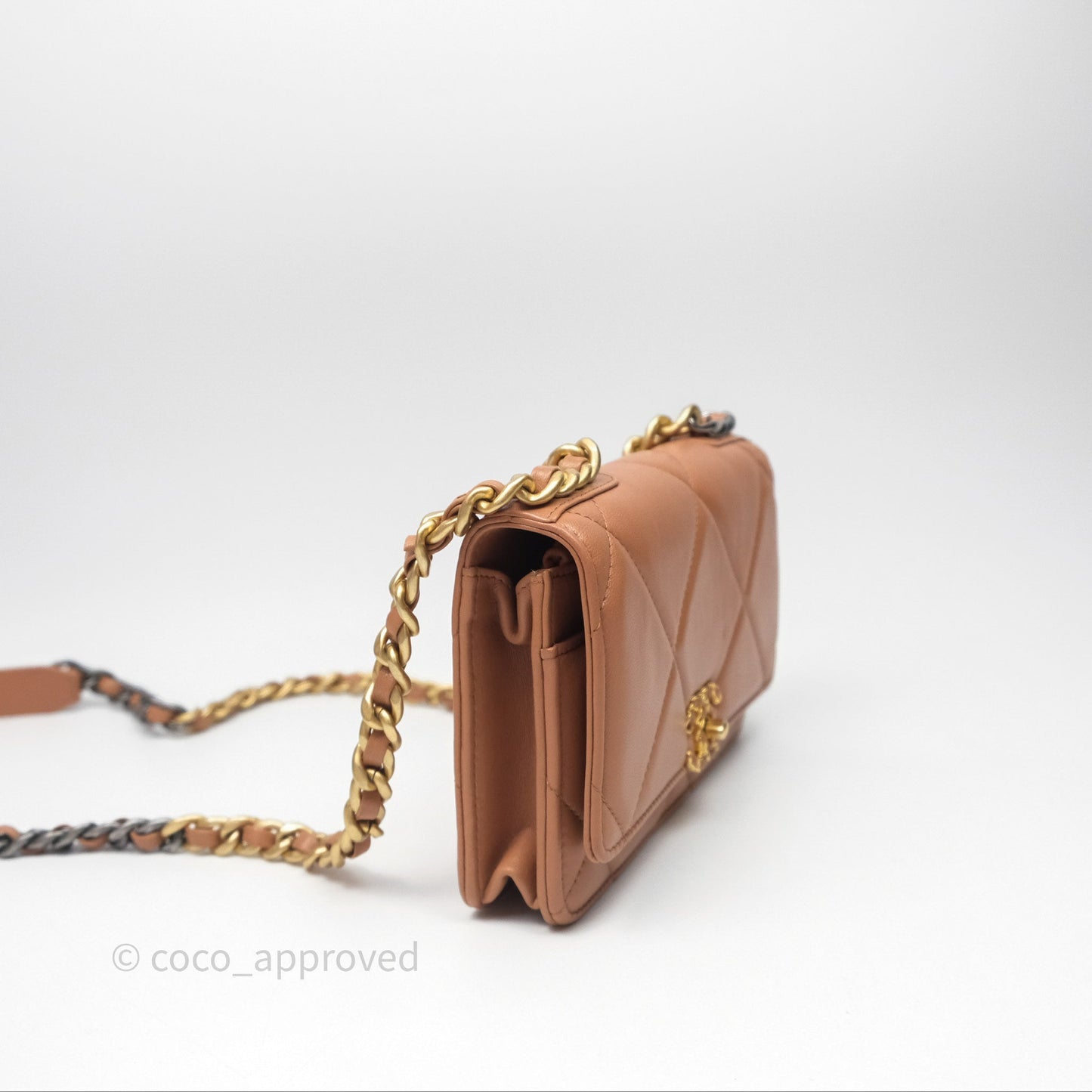 Chanel 19 Wallet on Chain WOC Dark Beige Caramel Lambskin Mixed Hardware