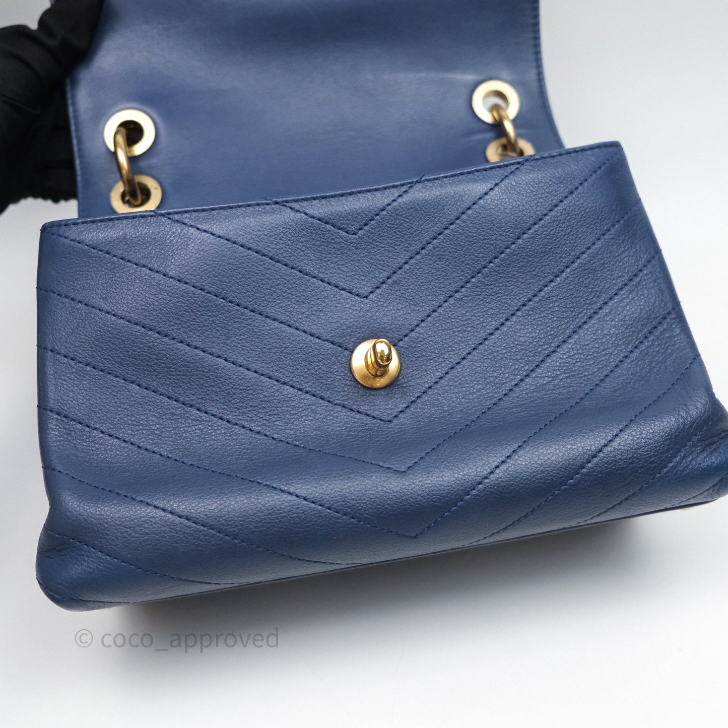 Chanel Small Chevron Python Chic Top Handle Flap Blue Calfskin Gold Hardware