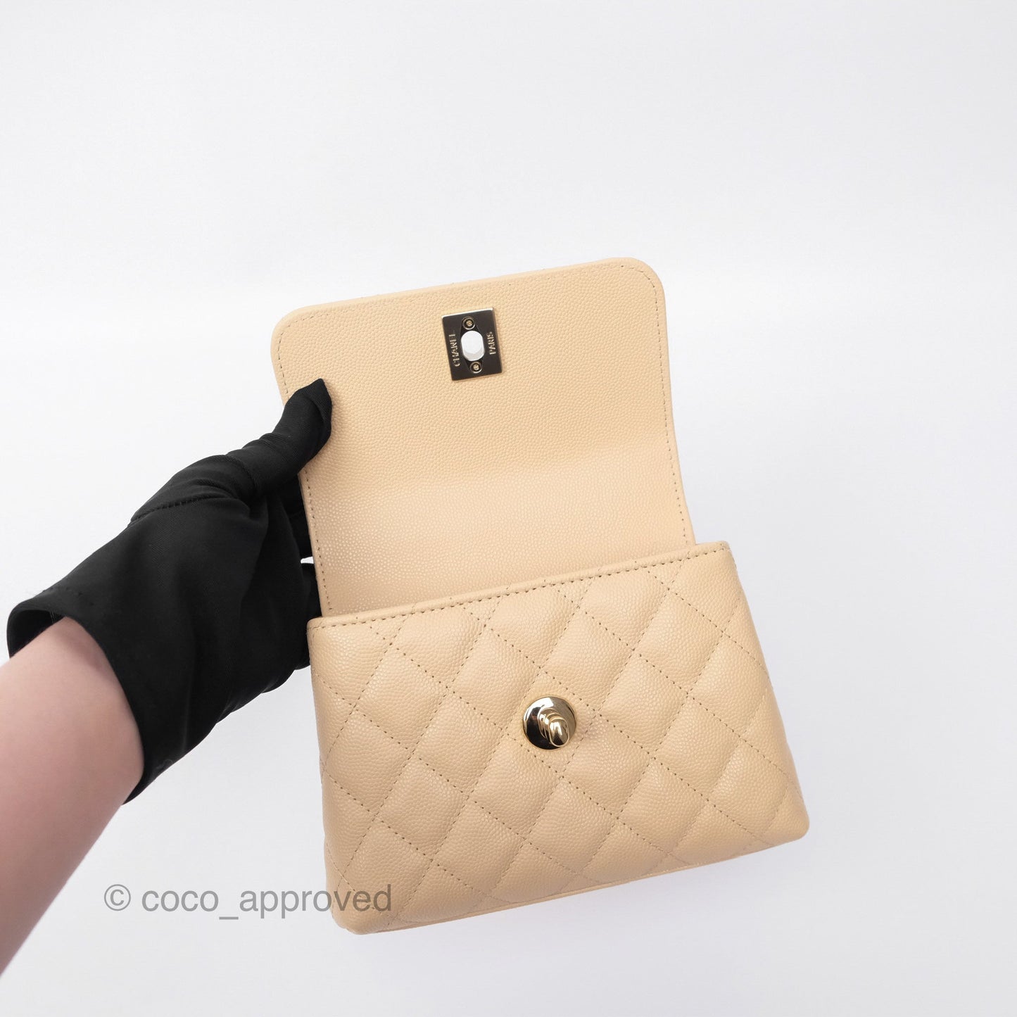 Chanel Coco Handle Clutch with Chain Quilted Beige Caviar Gold Hardware