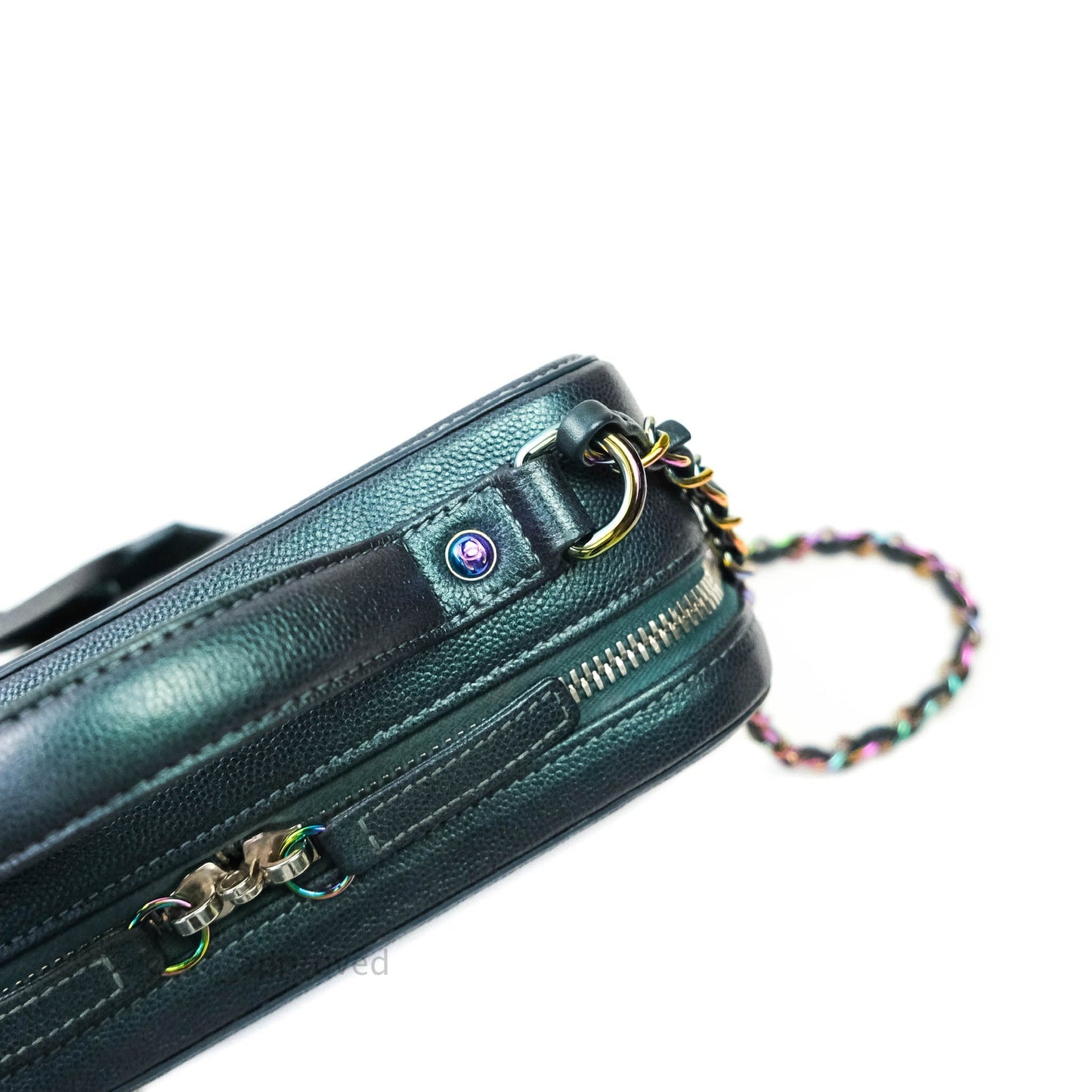 Chanel Quilted Medium CC Filigree Vanity Case Iridescent Dark Turquoise Caviar Rainbow Hardware
