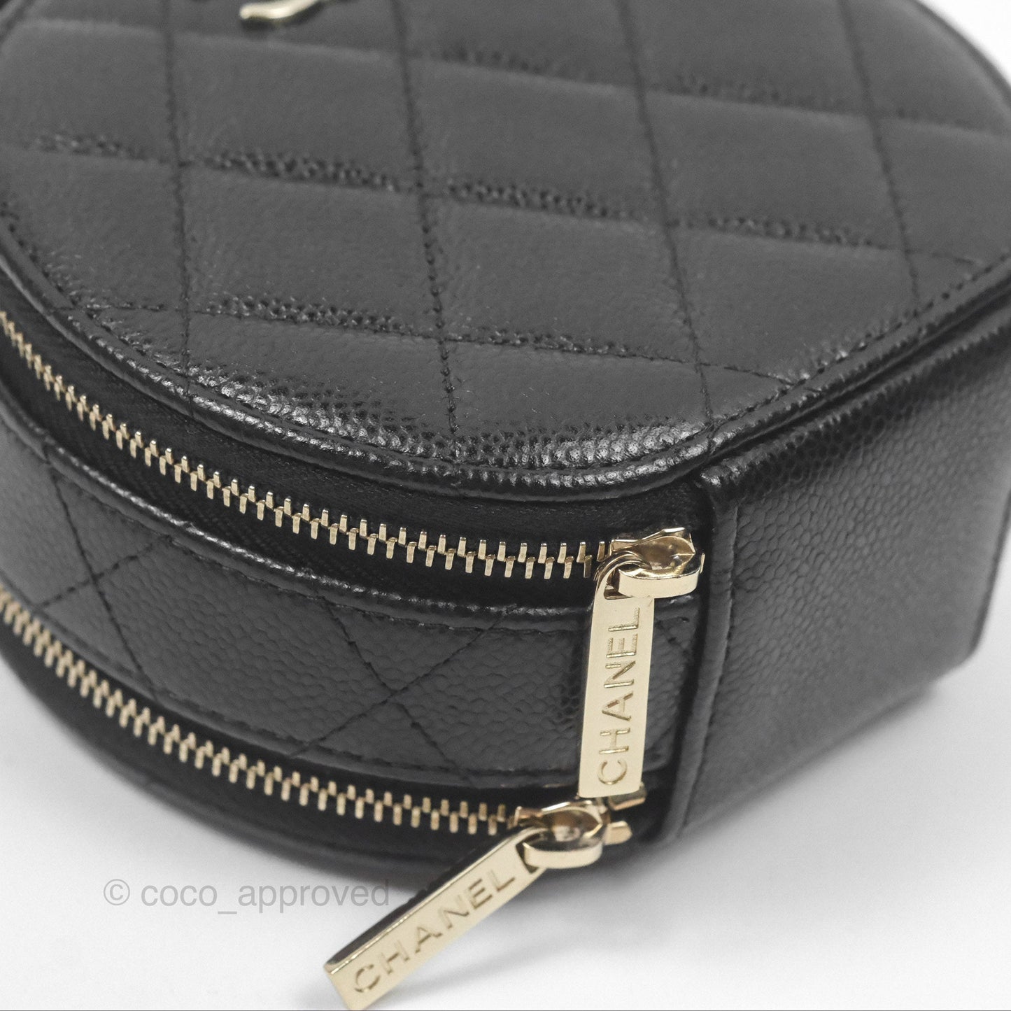 Chanel Mini Round Vanity Bag Handle With Care Black Caviar Gold Hardware