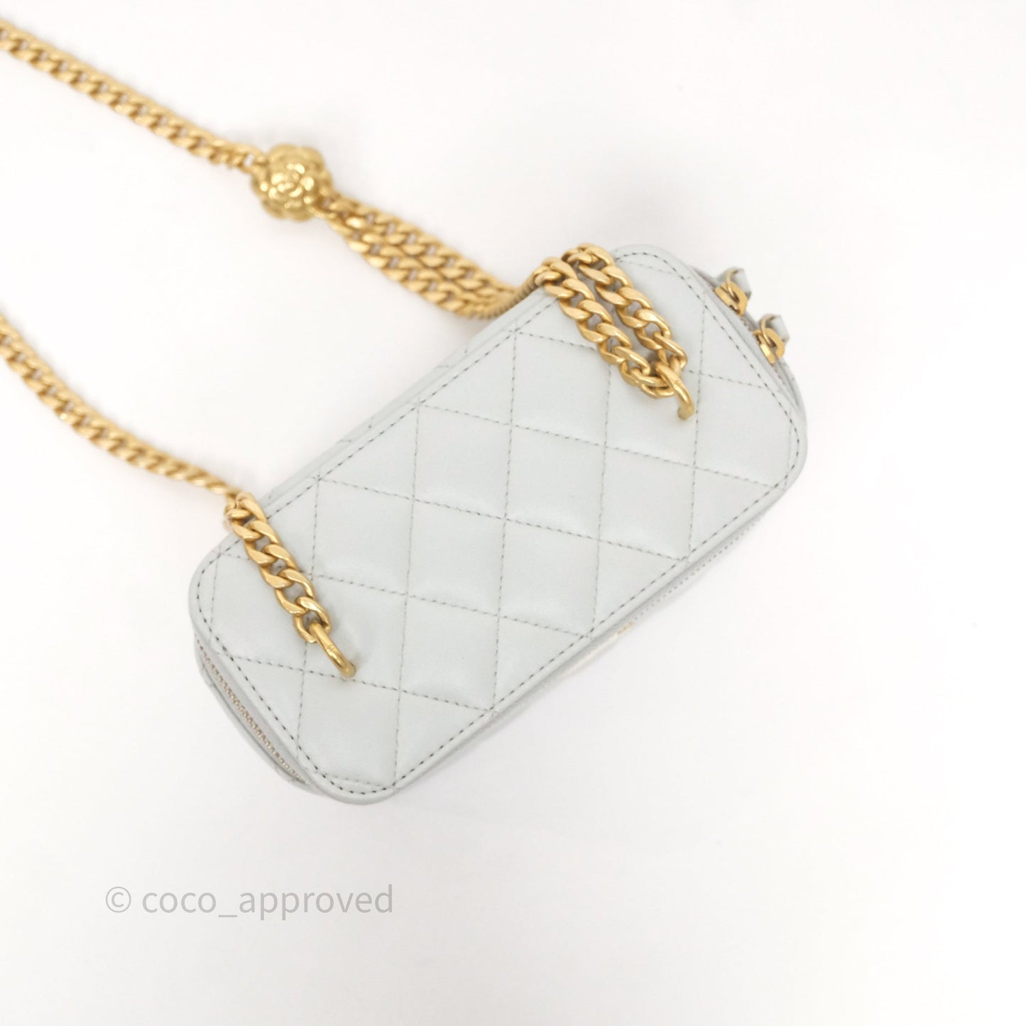 Chanel Quilted Vanity Rectangular with Camellia Adjustable Chain Blue Grey Lambskin Aged Gold Hardware