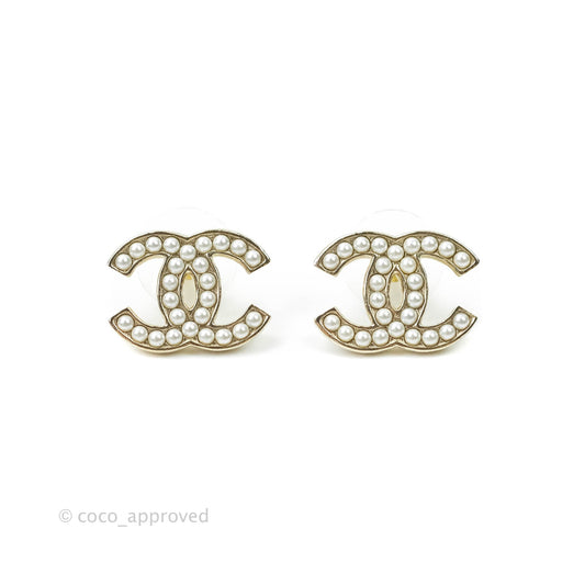 Chanel CC Pearl Earrings Gold Tone 21P