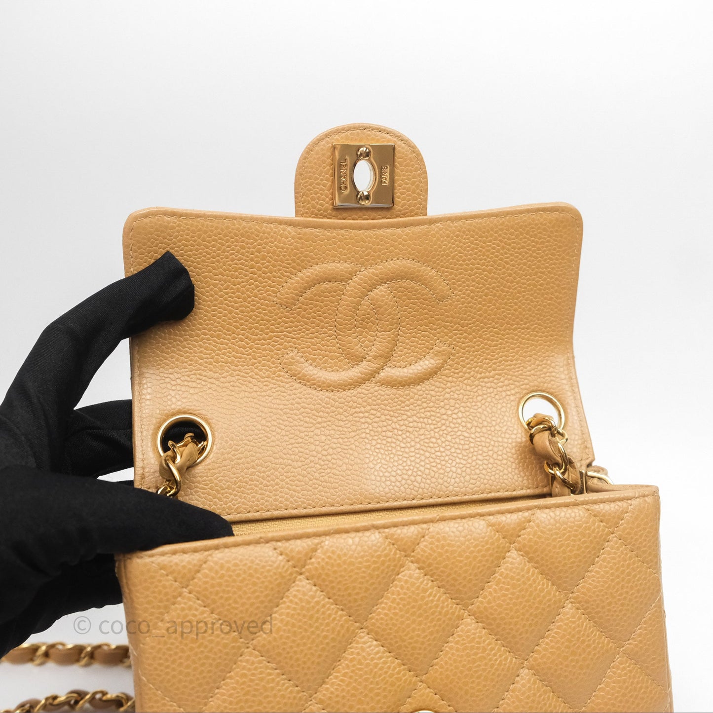 Chanel Vintage Mini Square Quilted Beige Caviar 24K Gold Hardware