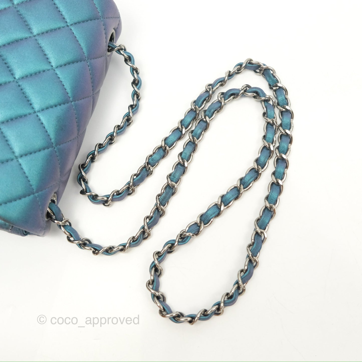 Chanel Mini Square Flap Quilted Iridescent Teal Lambskin Gun Metal