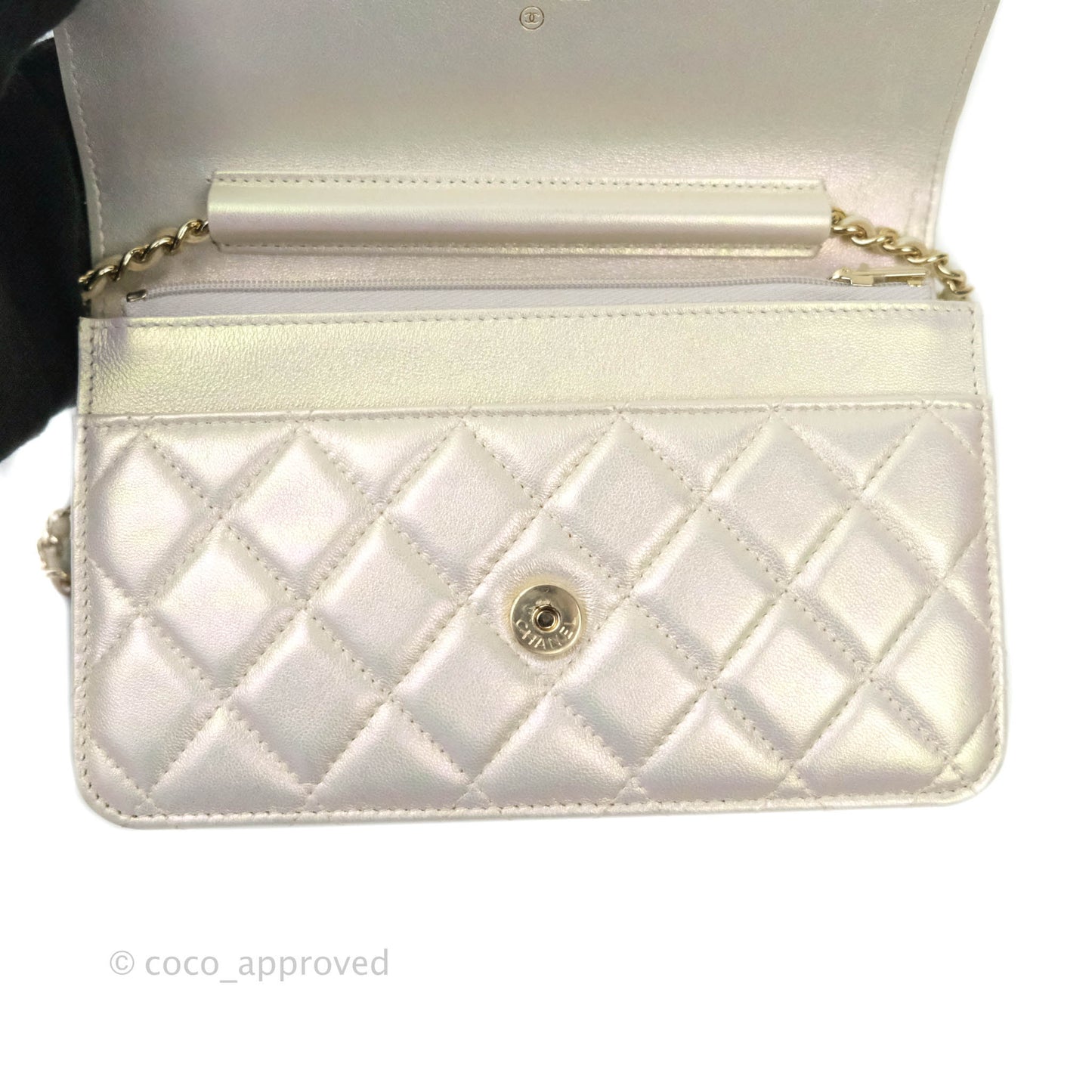 Chanel Quilted Wallet on Chain WOC Iridescent Ivory Light Gold Hardware