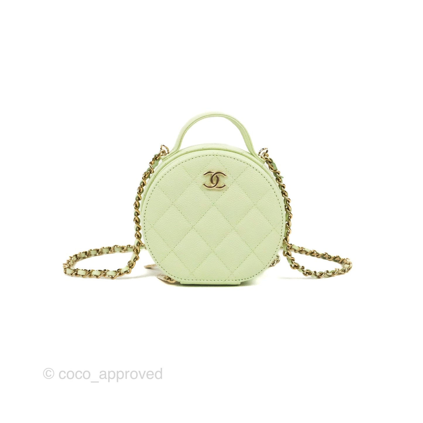 Chanel Mini Round Vanity Bag Handle With Care Light Green Caviar 22C