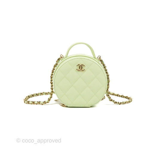 Chanel Mini Round Vanity Bag Handle With Care Light Green Caviar 22C