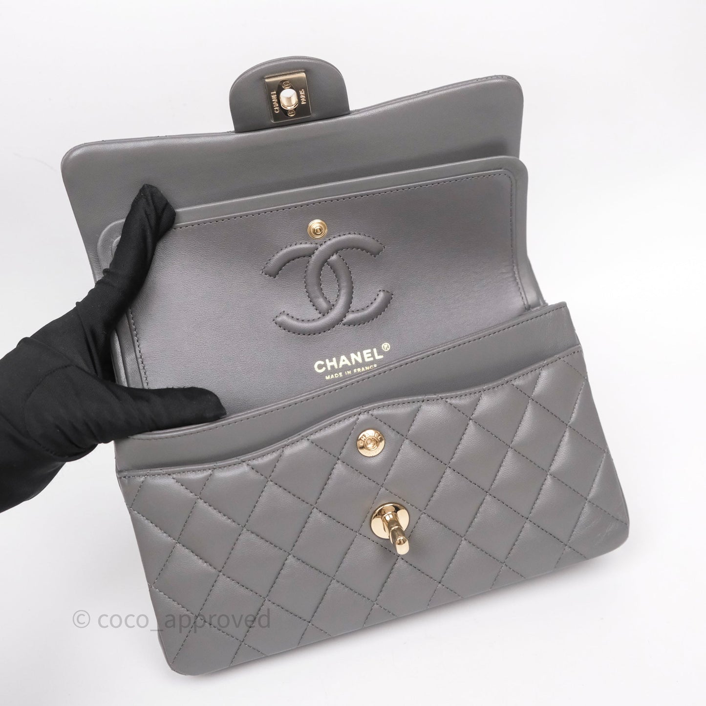 Chanel Small Quilted Classic Flap Grey Lambskin Light Gold Hardware