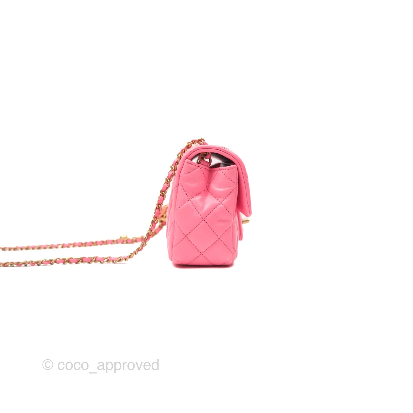 Chanel Mini Rectangular Pearl Crush Quilted Pink Lambskin Aged Gold Hardware