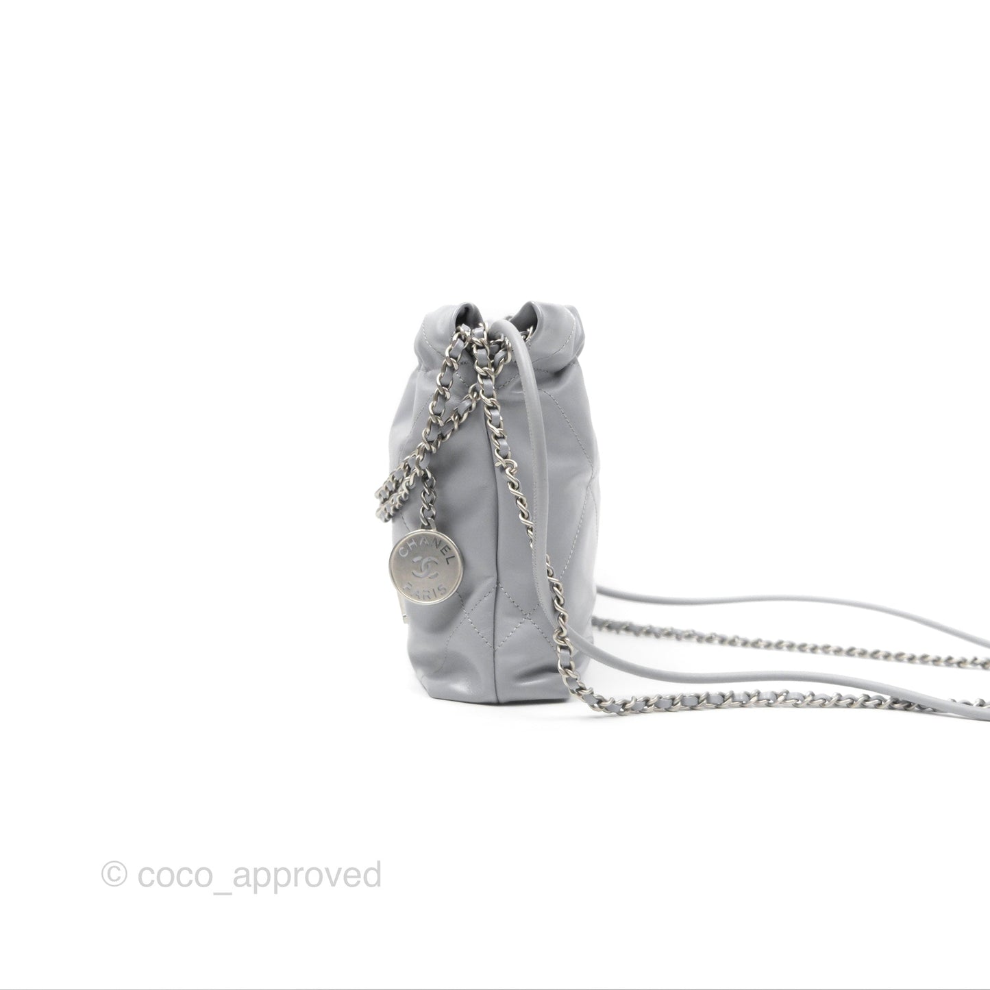 Chanel 22 Mini Bag Light Grey Shiny Crumpled Calfskin Matte Silver Hardware
