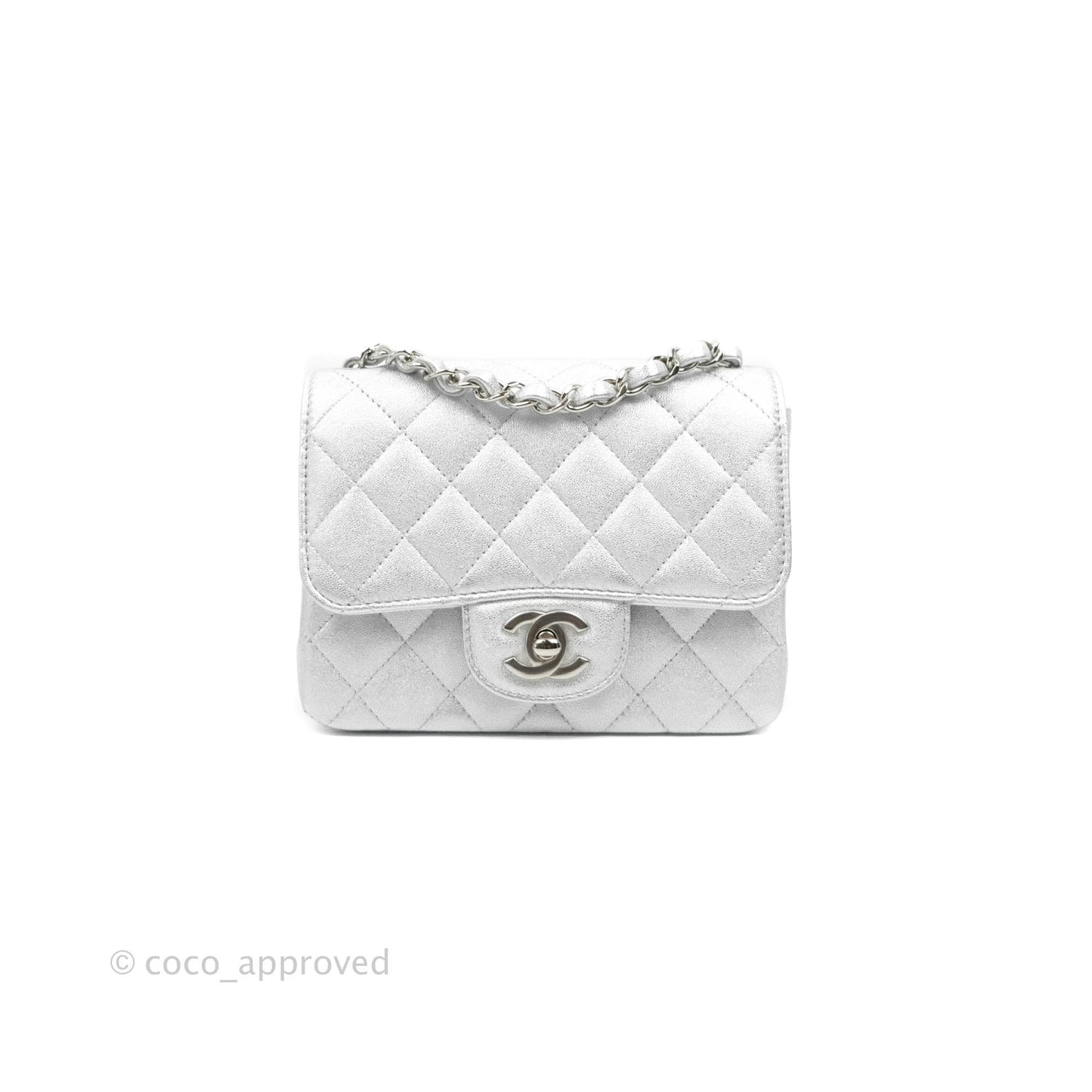 Chanel Classic Quilted Mini Square Flap Silver Lambskin Silver Hardware