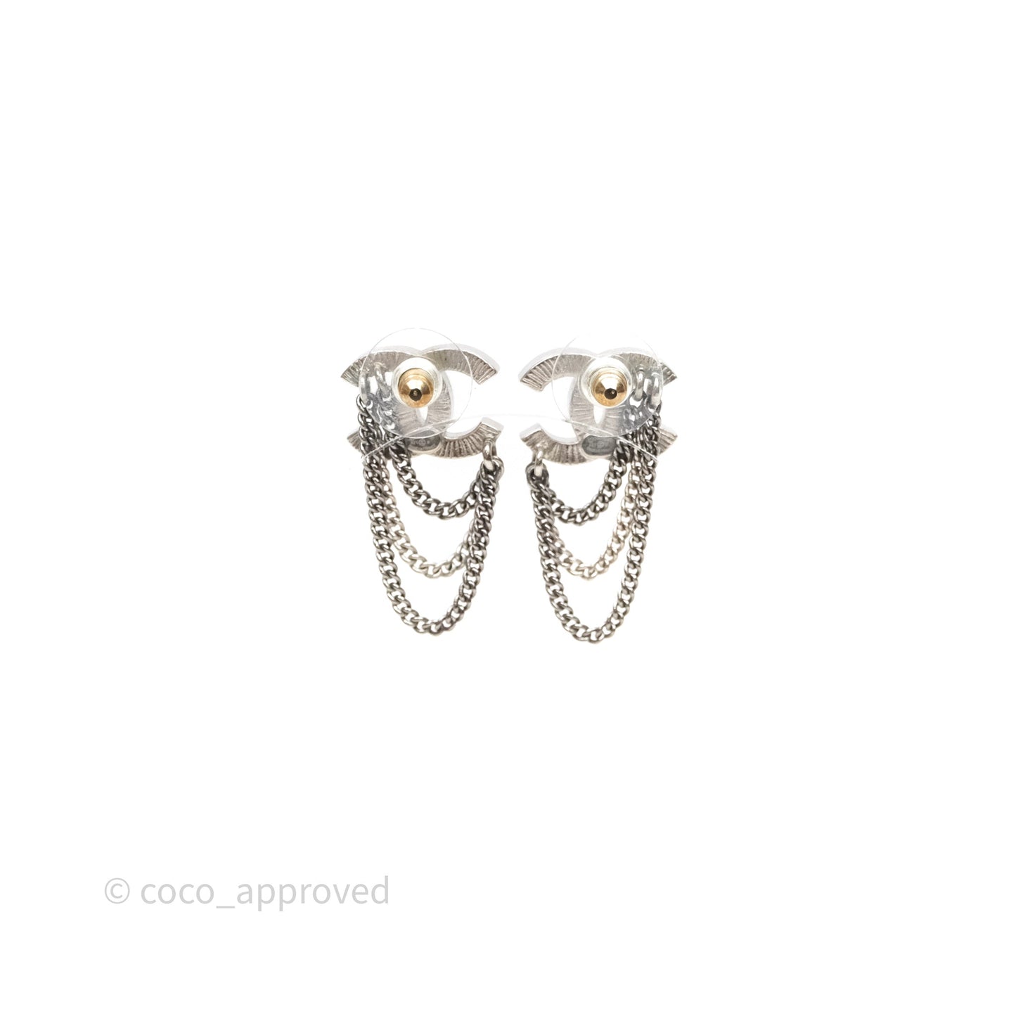 Chanel CC Crystals Chains Drop Earrings Silver Tone 21B